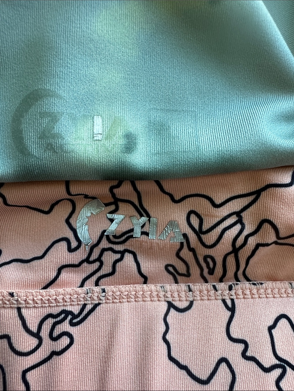 Set of 2 Zyia Bomber Racerback Sports Bras - Green Tie-Dye & Peach Abstract - L - Picture 2 of 4